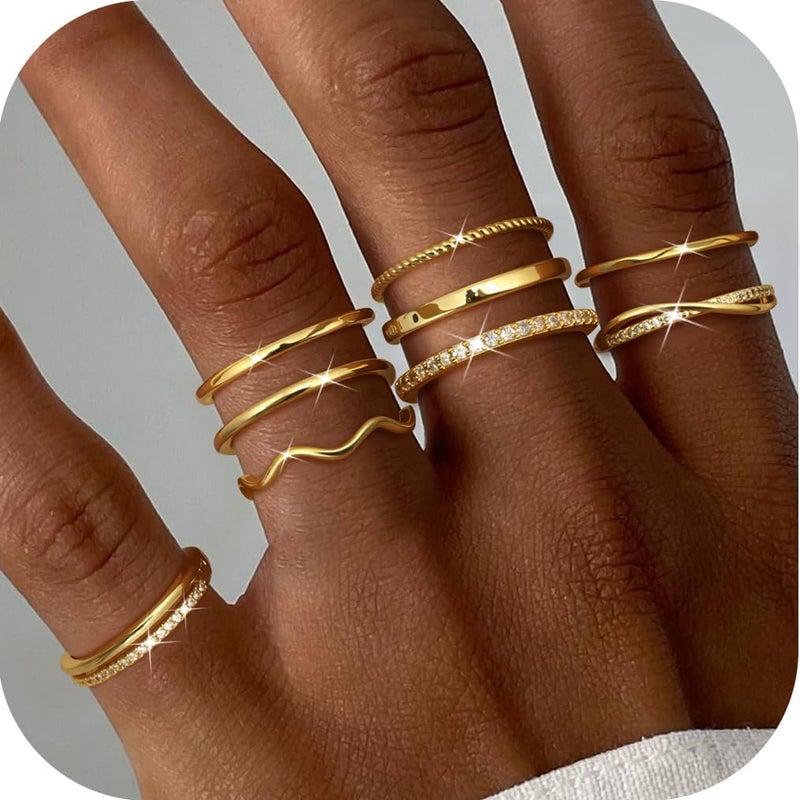 Jstyle Gold Stackable Rings for Women Non Tarnish Open Adjustable Rings Cubic Zirconia Thin Thumb Silver Ring Set 14K Gold Filled Pinky Knuckle Stacking Set - Dainty Statement Promise Band Ring Sets - Image 2